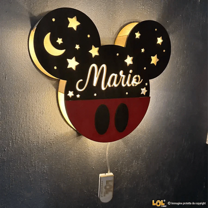 Lampada in legno a led Topolino a Parete Personalizzabile con Nome