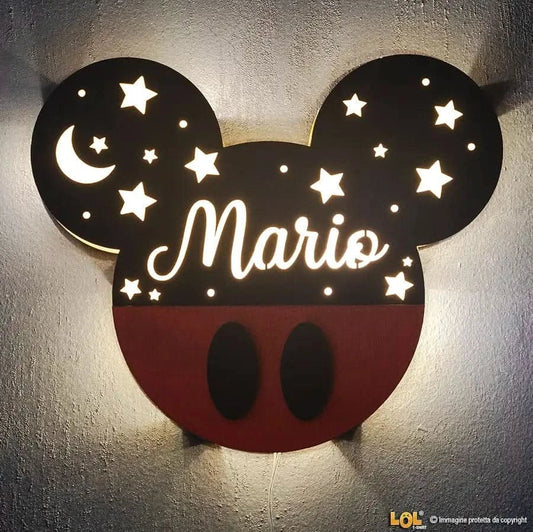 Lampada in legno a led Topolino a Parete Personalizzabile con Nome