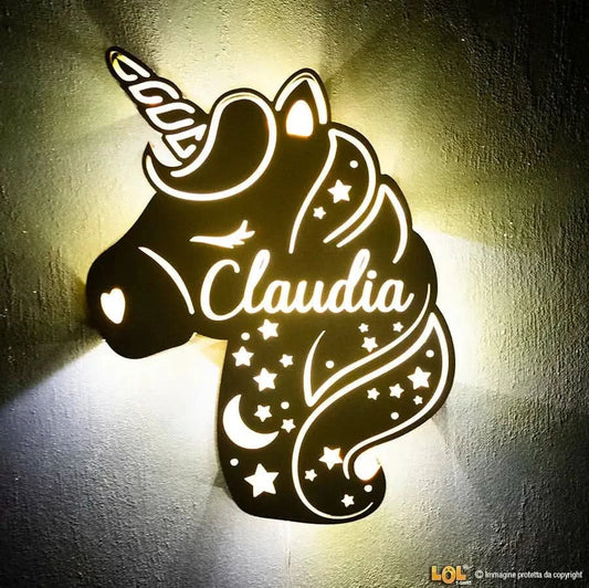 Lampada in legno a led Unicorno a Parete Personalizzabile con Nome