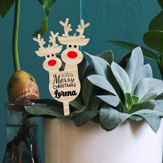 Etichetta Tag Legno da Pianta Personalizzata con Nome Merry Christmas Renne